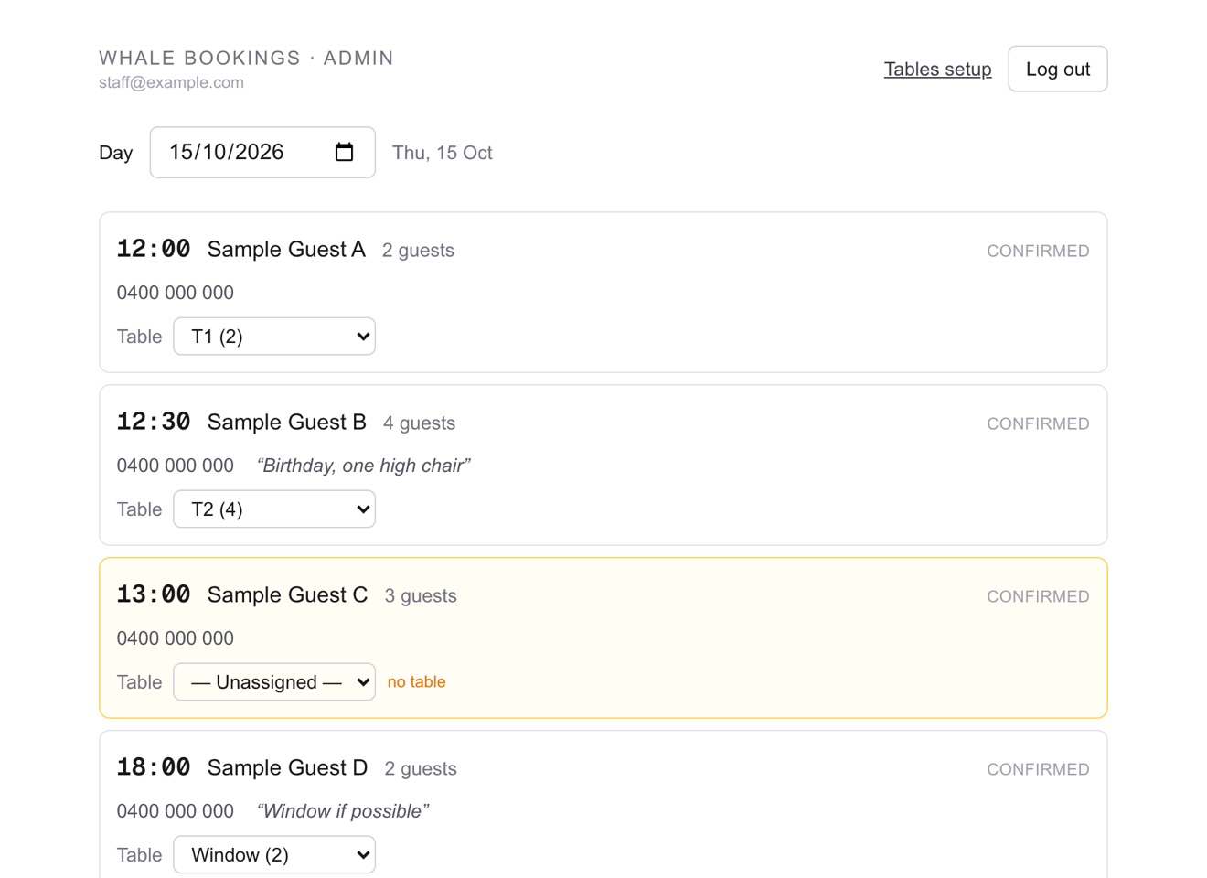 Whale Bookings staff day view listing sample bookings with notes and table assignments