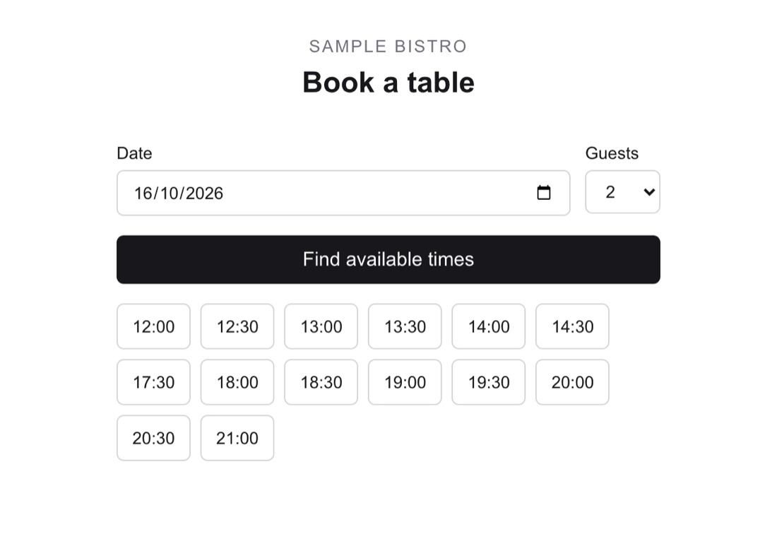 Whale Bookings guest page for a sample venue, showing a date, party size and the free times