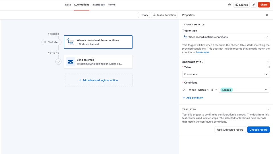 Airtable Automations with sample data: when a customer's status changes to Lapsed, send an email to the owner. The automation is a draft and switched off.