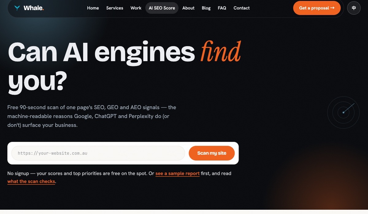 The Whale AI Search Score tool: enter a website address and get a read on whether AI search engines can find it. Free, about 90 seconds.
