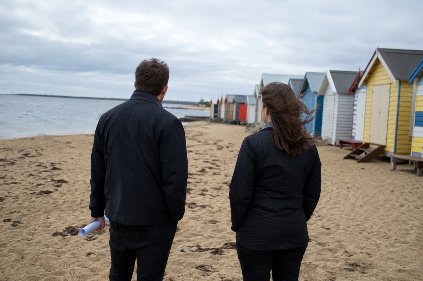 Illustrative photo, generated: two people from behind on Brighton Beach, Melbourne, looking along the bathing boxes. Not a photograph of Ray and Haylee.
