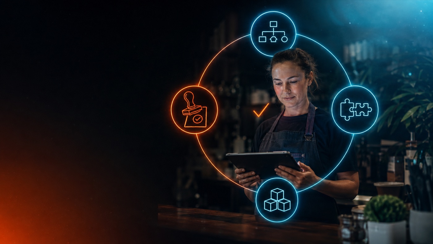 Illustrative photo, generated: a small-business owner at her counter with a tablet, the four-question loop drawn around her as light. Not a client.