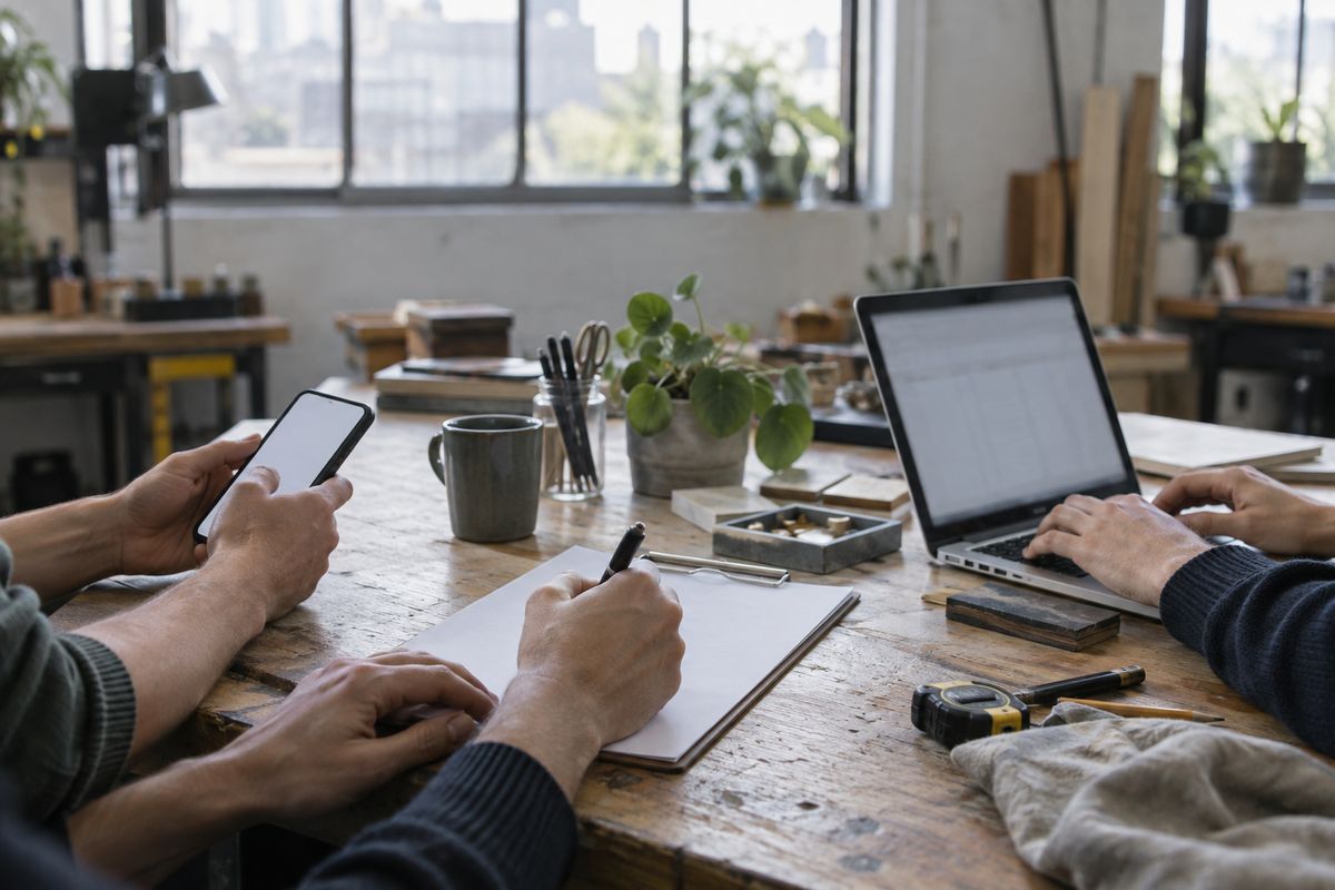 Illustrative photo, generated: three people's hands at one workbench, one on a phone, one writing a job sheet, one typing into a spreadsheet. Not a client.