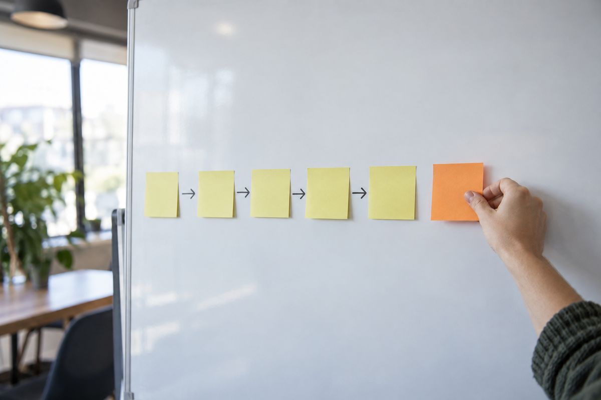 Illustrative photo, generated: a hand adds an orange sticky note to the end of a row of sticky notes mapping a workflow on a whiteboard.
